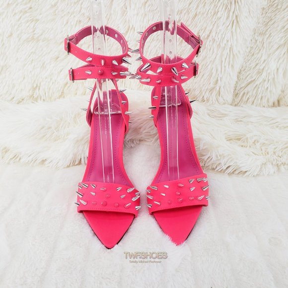 Hot Pink Spike Stud Double Strap High Heel Shoes - Picture 3 of 16